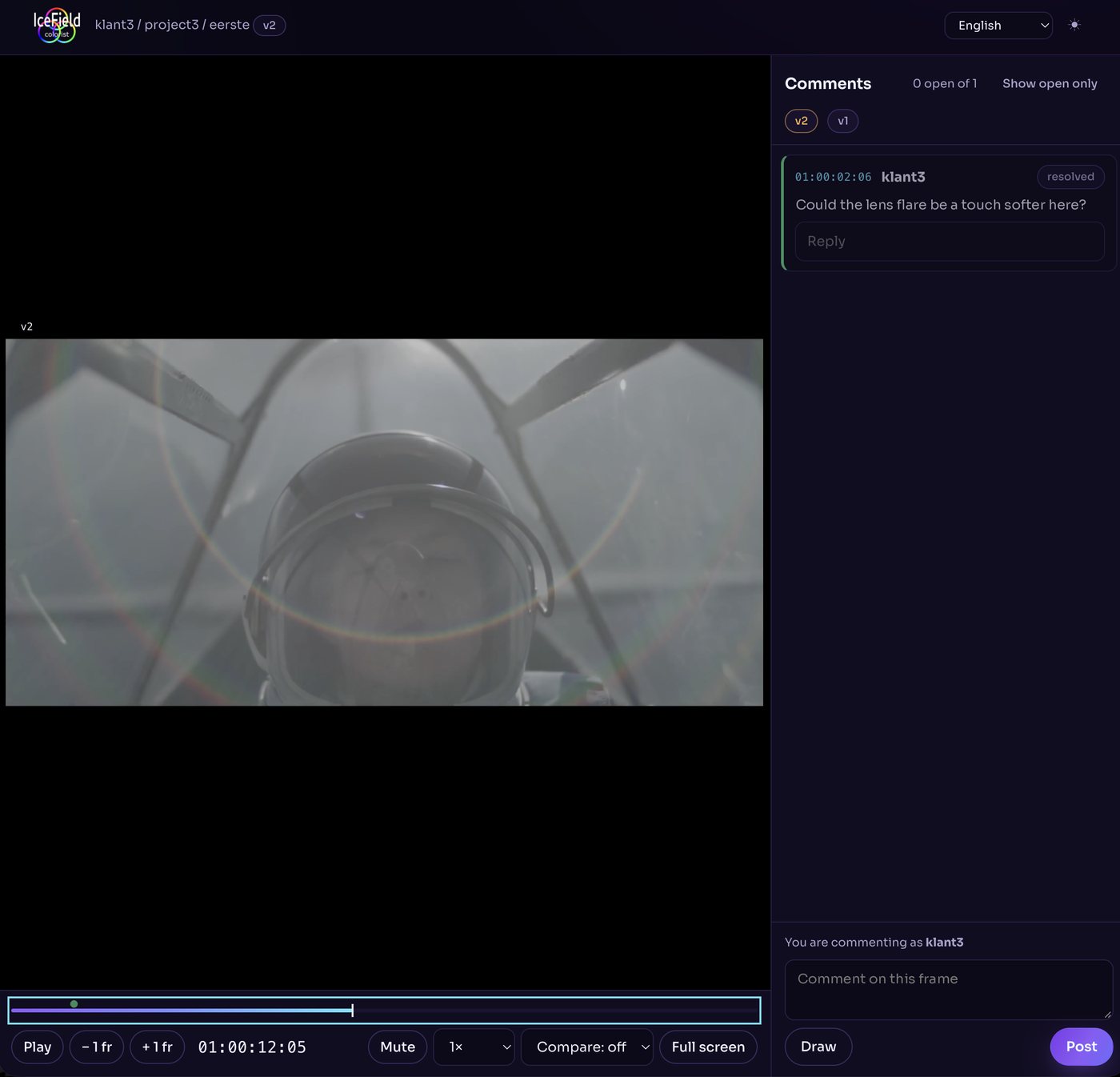 Reviewscherm in het klantportaal van Studio IceField met een opmerking van de klant met tijdcode naast de video